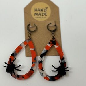 Handmade Acrylic Earrings Orange Black Teardrops with Little Spiders Halloween